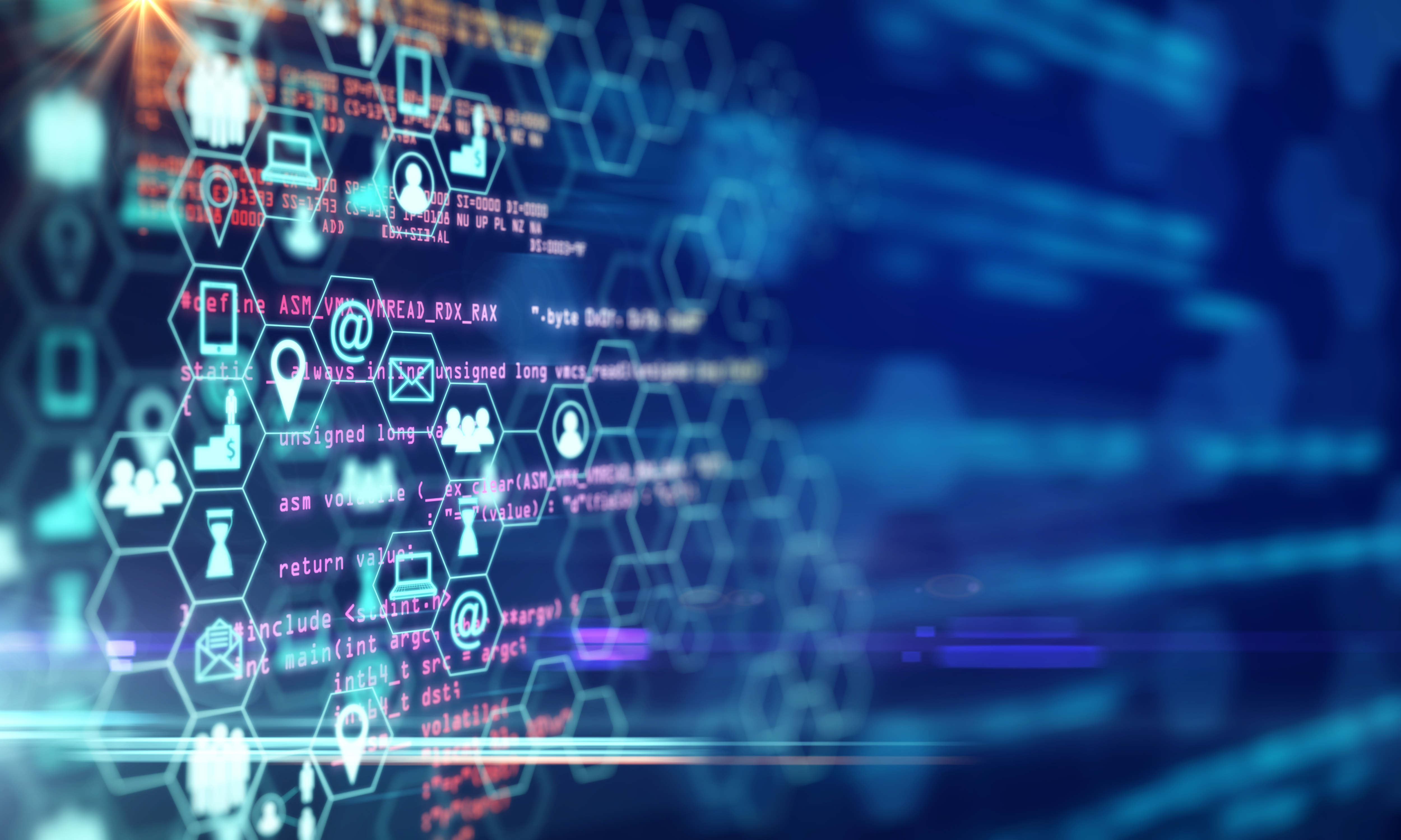 Abstract digital interface with hexagonal icons and data points representing various technological and networking concepts.