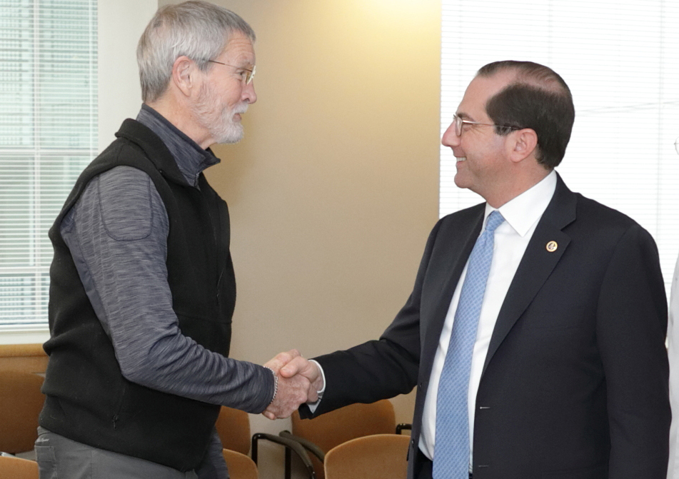 Clinical Center patient Dr. Patrick Coughlin and U.S. Department of Health and Human Services Secretary Alex Azar