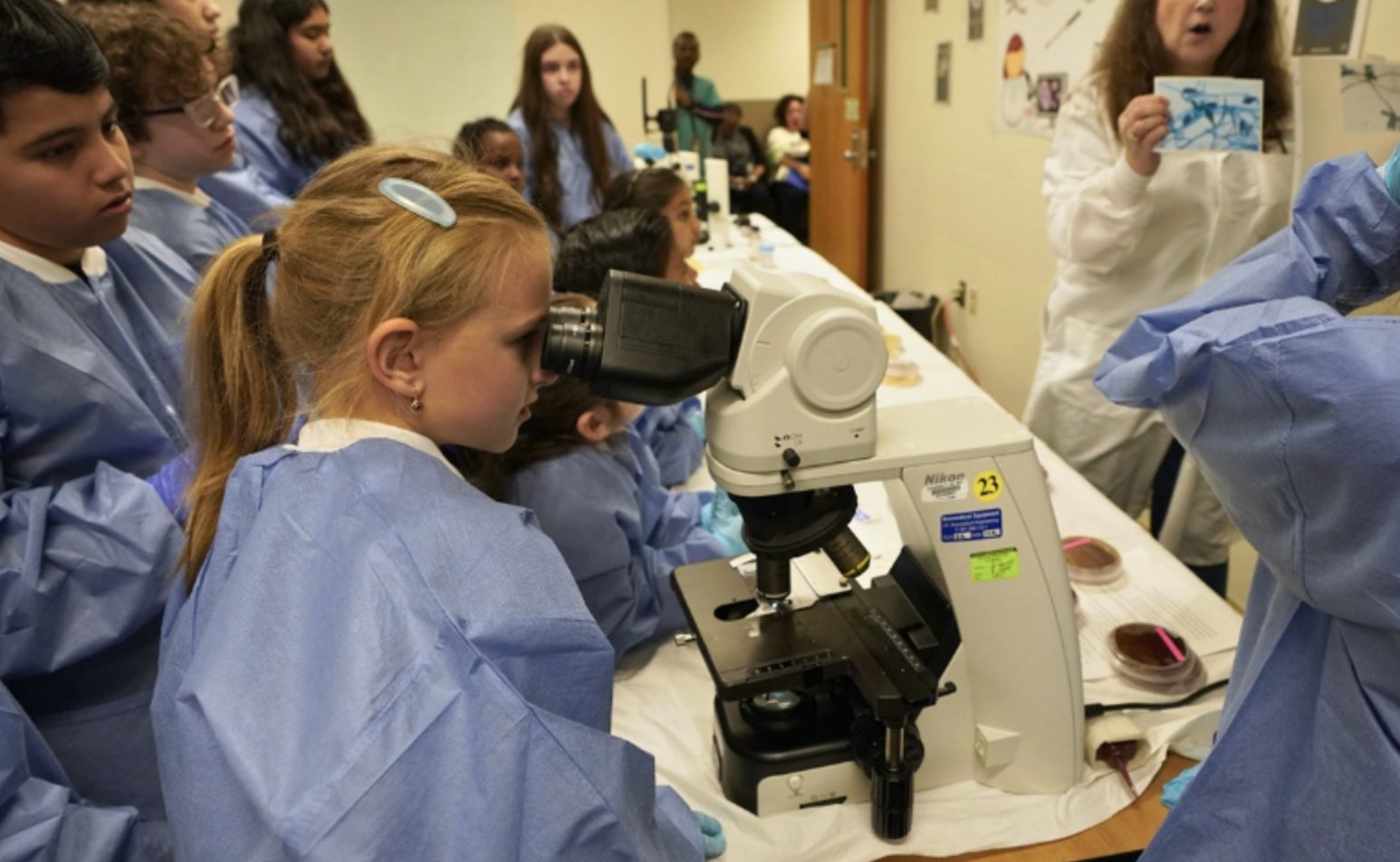 Child looking through microscope