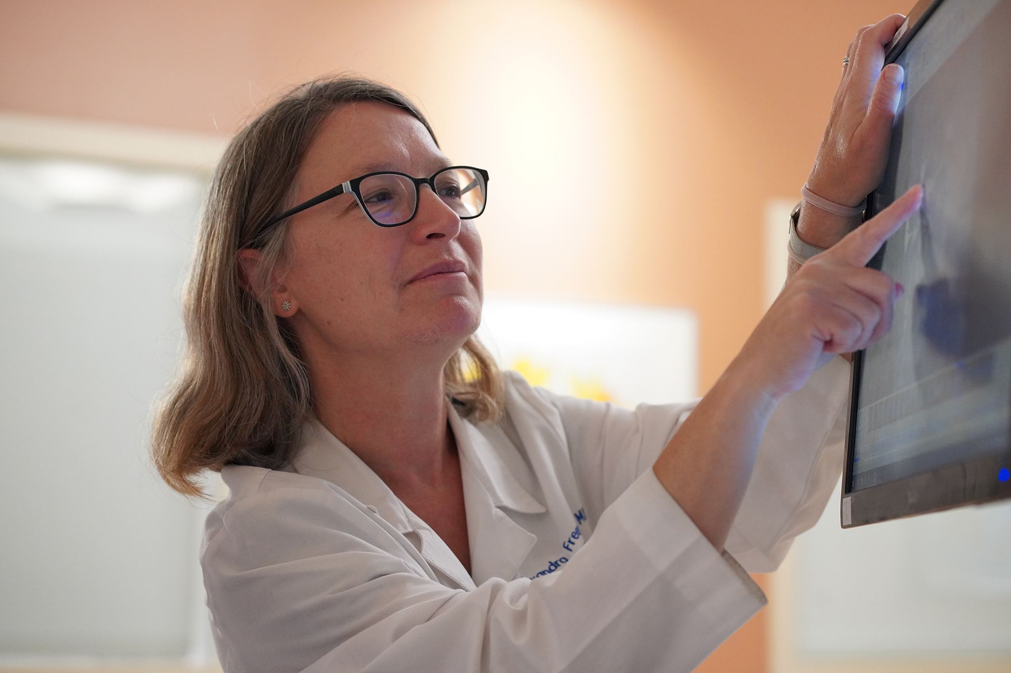scientist pointing at a computer