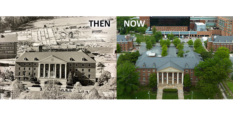 The NIH Clinical Center in the background behind Building 1 in the late 1940s and in the early 2020s