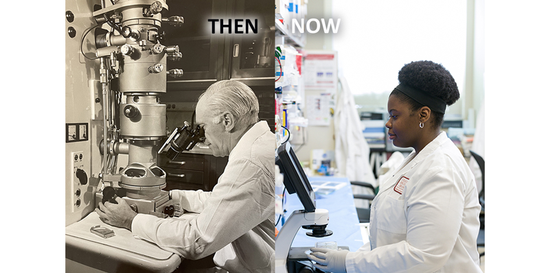 Scientific analysis equipment being used by a researcher in the 1950s and in the 2020s