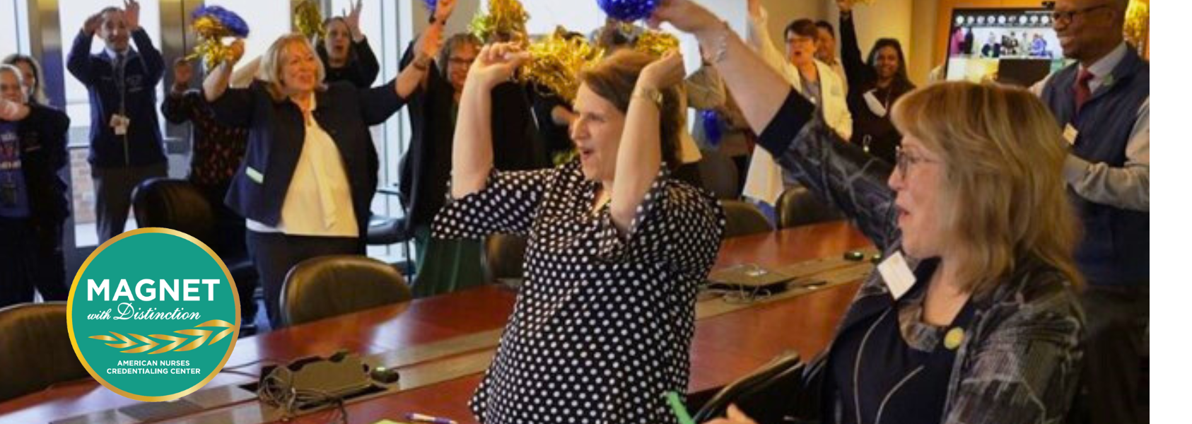 Clinical Center staff cheer at the Magnet Announcement