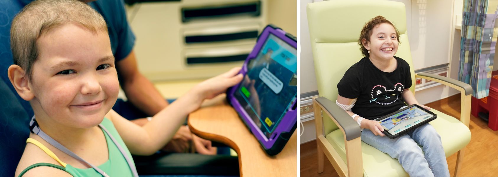 Clinical Center pediatric patients play the updated Treasure Tour on tablets