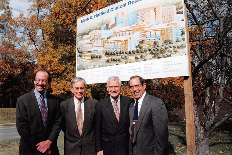 Harold Varmus, Robert Frasca, Mark Hatfield and John Gallin outside