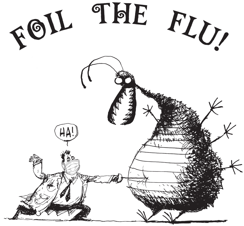 Foil the Flu! Cartoon graphic of person poking a flu-germ