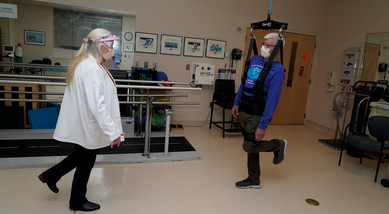 The ZeroG Gait and Balance System is a body weight support system that allows patients and therapists to safely practice balance and gait activities during therapy