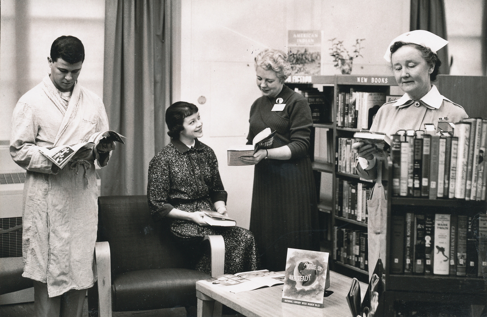 Patients, staff and librarian from 1959 archival photo