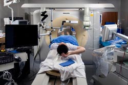 Interventional radiology’s stereotactic frame is attached to a CT-gantry with hanging tools