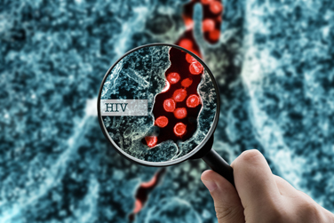 A hand holding a magnifying glass focusing on a close-up view of spherical HIV cells