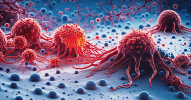 Medical illustration of multi-tentacled cells resembling cancer cells interacting with smaller surrounding cells