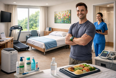 A man stands in a room with a medical professional and a plate of food, illustrating how environmental factors can influence allergies