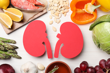 Fresh fruits, vegetables, and seeds are arranged around a cutout in the shape of a human kidney