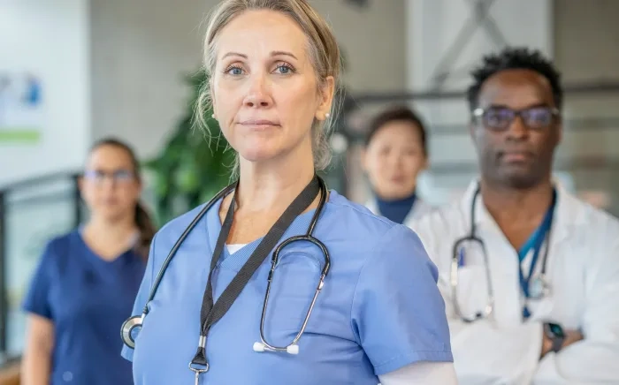 A confident female healthcare professional in scrubs with a stethoscope, standing with three other medical professionals in the background.