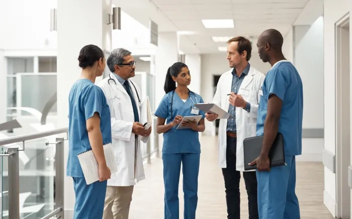 Clinicians meet together in a hallway in discussion.