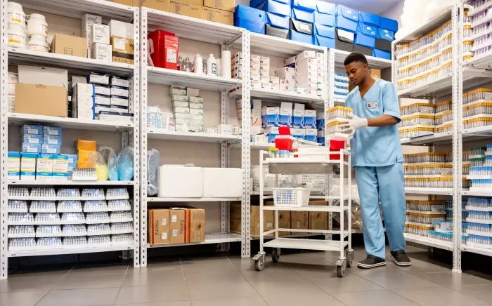 A healthcare worker organizes medical supplies on shelves in a well-stocked supply room. The worker is dressed in scrubs and is standing beside a cart filled with various items, arranging materials with care.