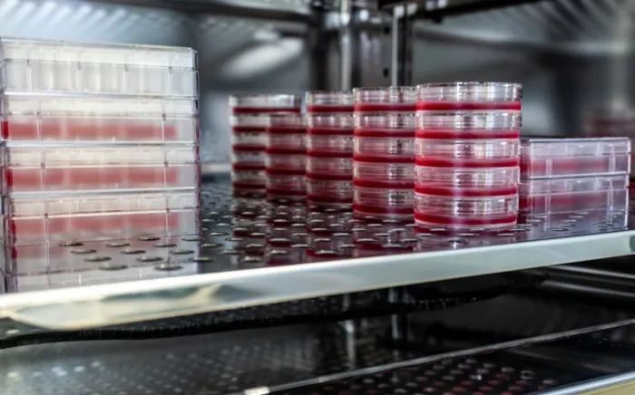 Stacks of red agar plates are neatly arranged on metal shelves inside a laboratory incubator.