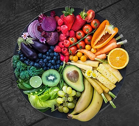 dish containing a variety of healthy fruit and vegetables
