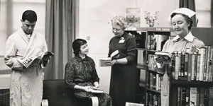 Patients, staff and librarian from 1959 archival photo